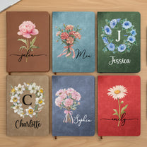 Custom Birth Flower & Name For Her, Wife, Daughter, Sister - Personalized Leather Journal