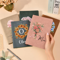 Custom Birth Flower & Name For Her, Wife, Daughter, Sister - Personalized Leather Journal