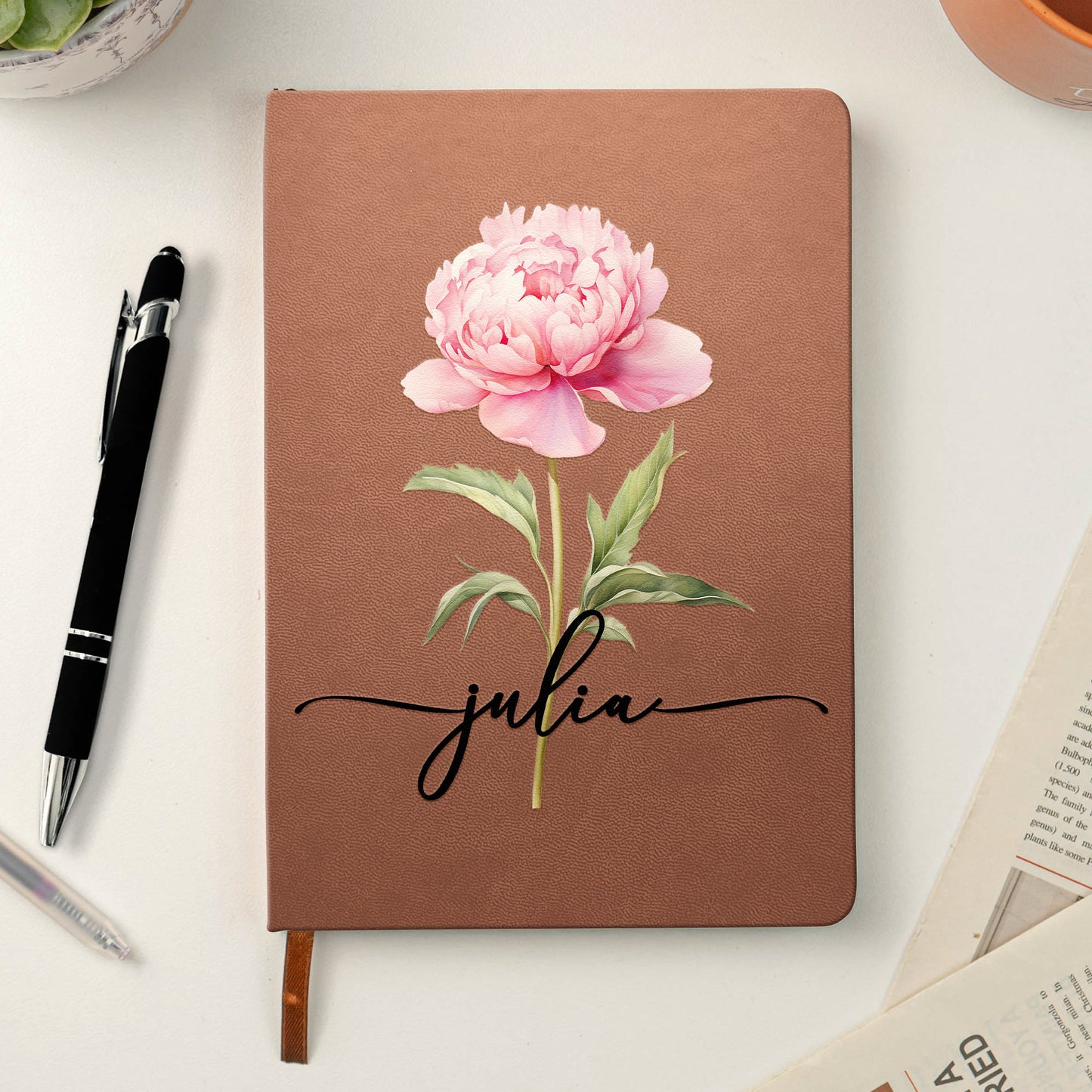 Custom Birth Flower & Name For Her, Wife, Daughter, Sister - Personalized Leather Journal