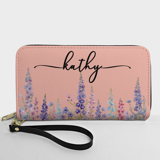 Custom Birth Flower & Name For Her, Wife, Daughter, Sister - Personalized Leather Long Wallet