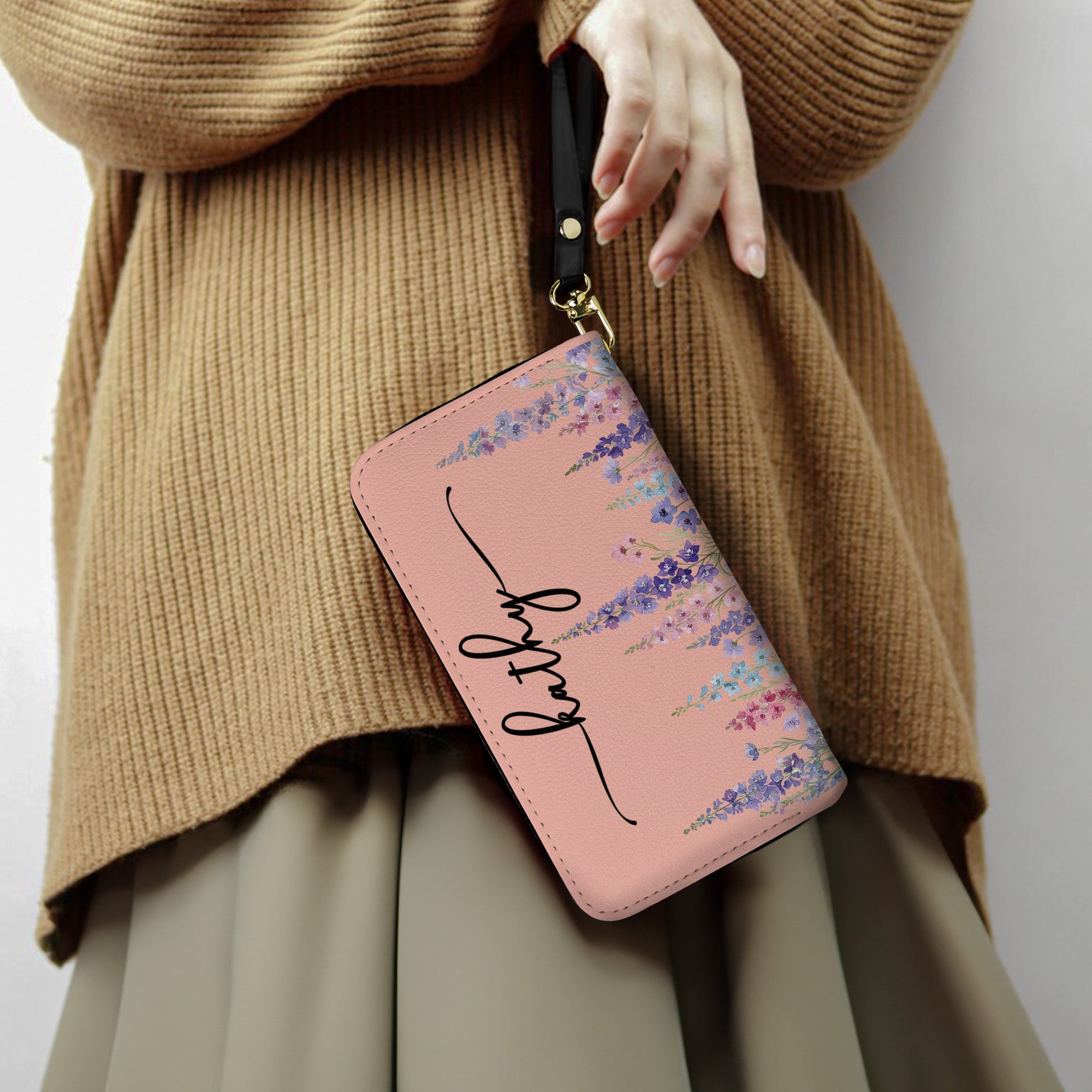 Custom Birth Flower & Name For Her, Wife, Daughter, Sister - Personalized Leather Long Wallet