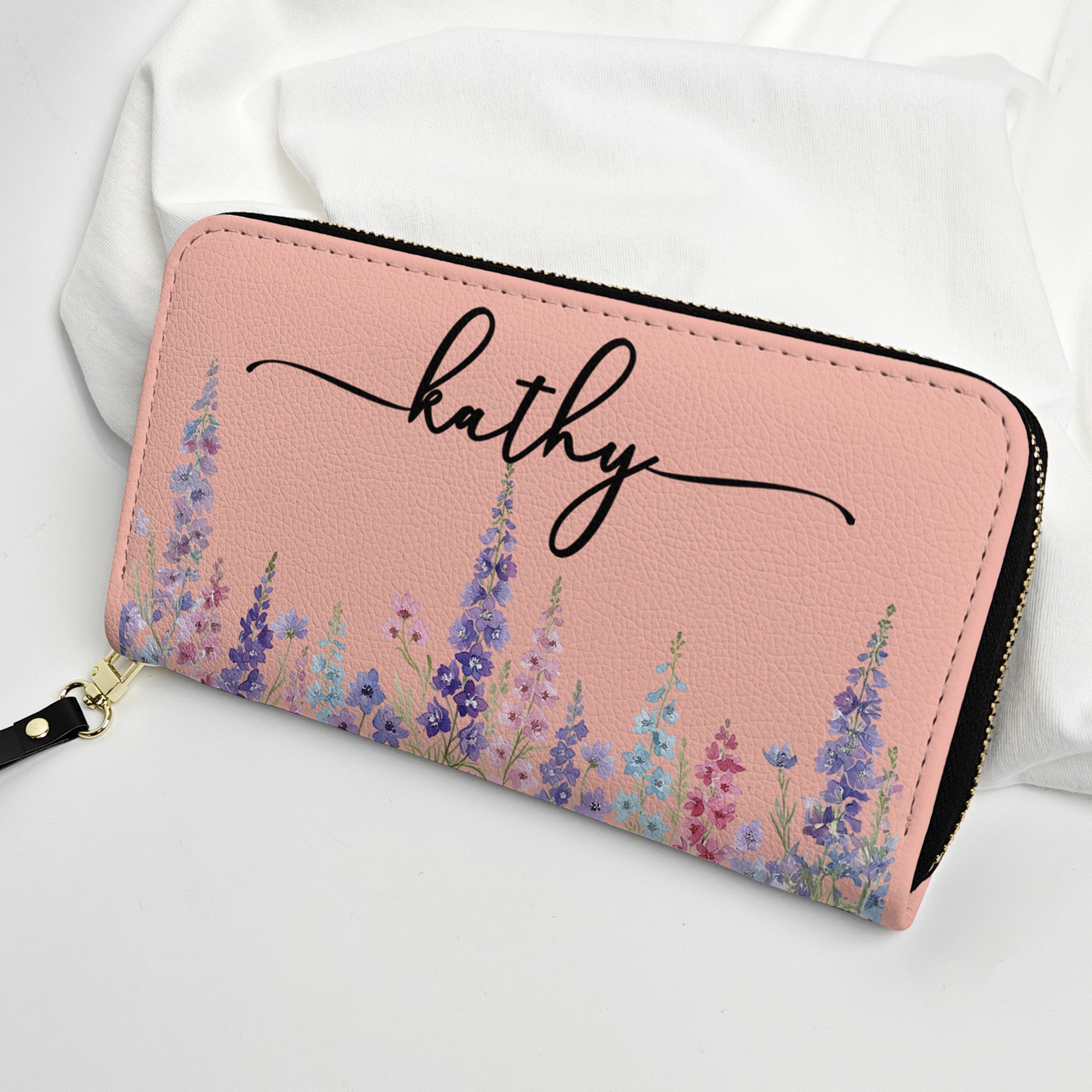Custom Birth Flower & Name For Her, Wife, Daughter, Sister - Personalized Leather Long Wallet