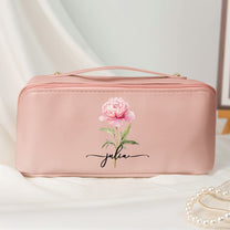 Custom Birth Flower & Name For Her, Wife, Daughter, Sister - Personalized Leather Makeup Bag