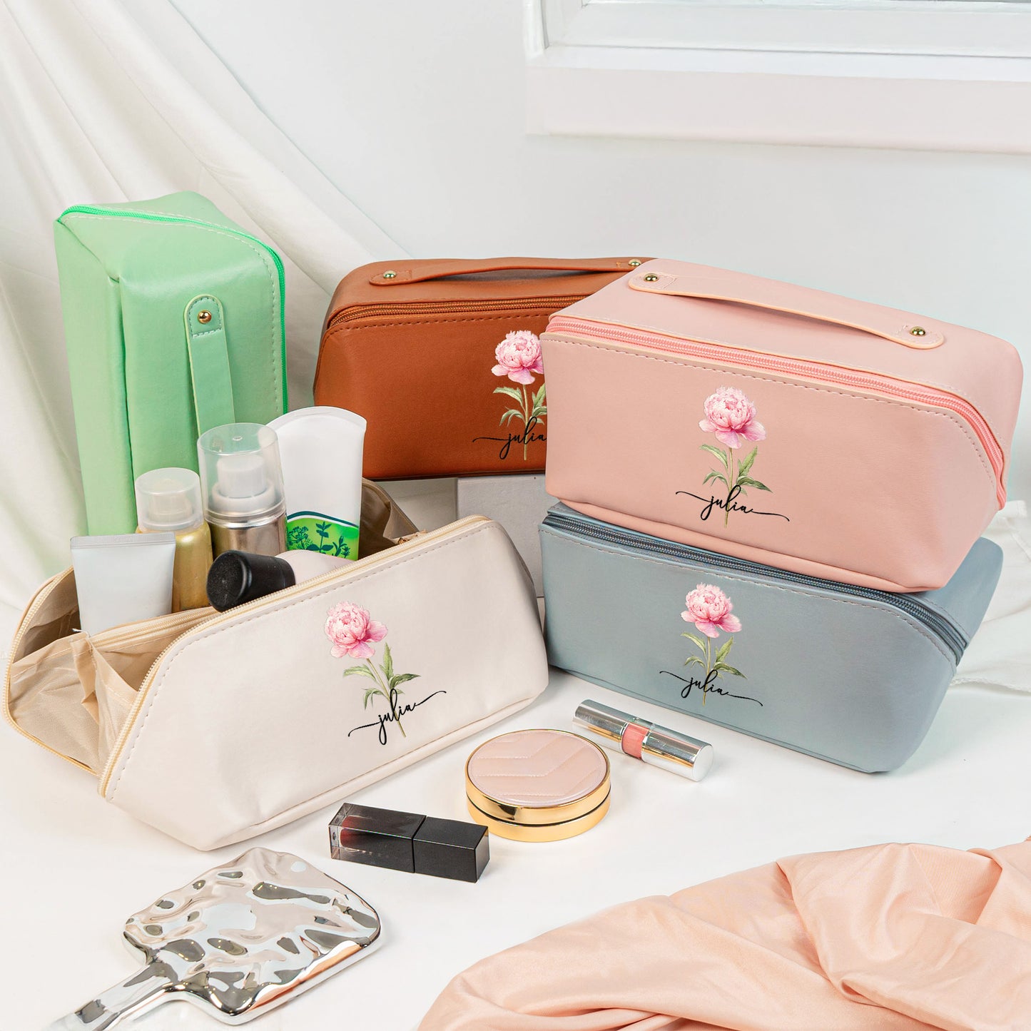 Custom Birth Flower & Name For Her, Wife, Daughter, Sister - Personalized Leather Makeup Bag