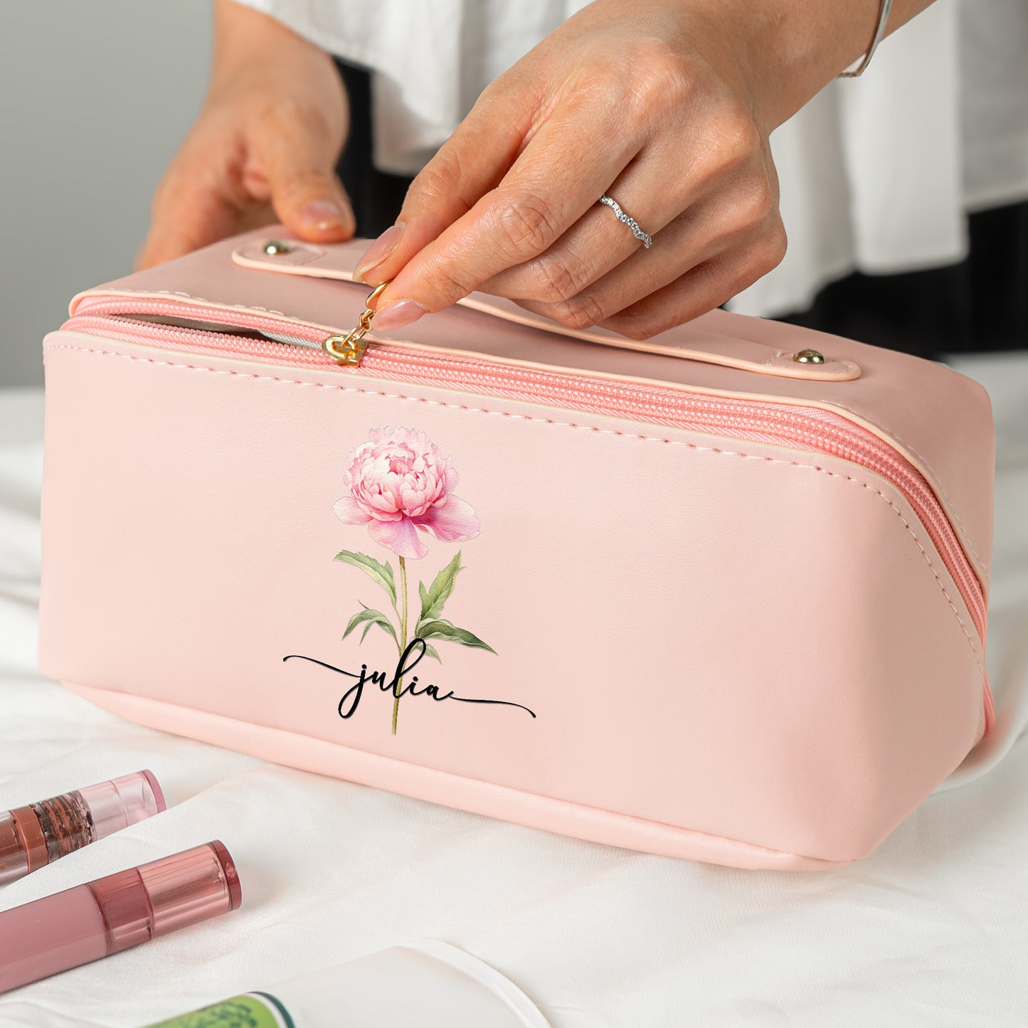 Custom Birth Flower & Name For Her, Wife, Daughter, Sister - Personalized Leather Makeup Bag