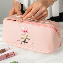 Custom Birth Flower & Name For Her, Wife, Daughter, Sister - Personalized Leather Makeup Bag