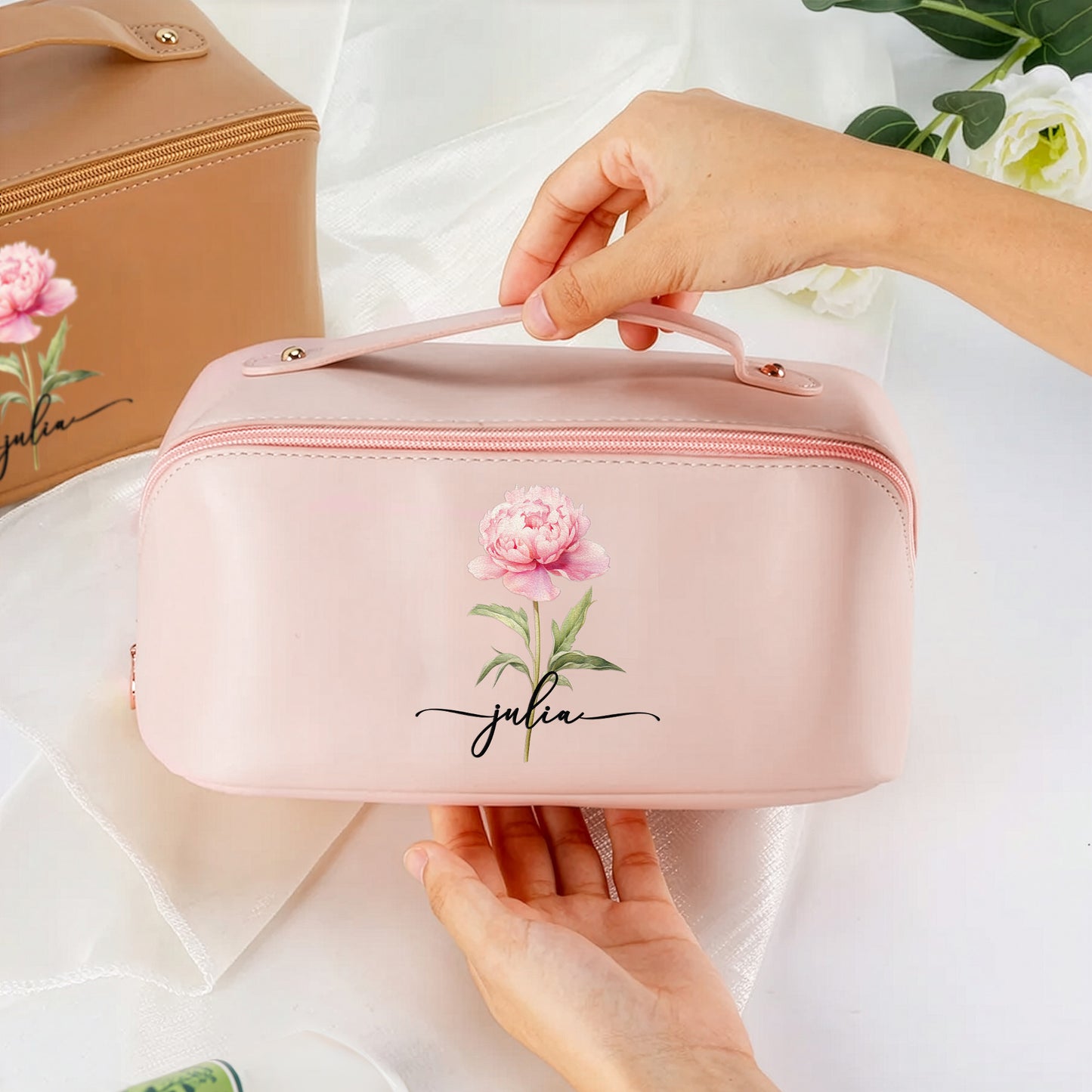 Custom Birth Flower & Name For Her, Wife, Daughter, Sister - Personalized Leather Makeup Bag