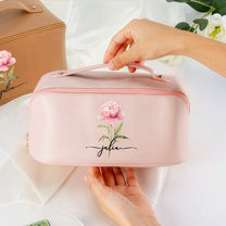 Custom Birth Flower & Name For Her, Wife, Daughter, Sister - Personalized Leather Makeup Bag