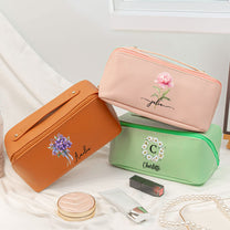 Custom Birth Flower & Name For Her, Wife, Daughter, Sister - Personalized Leather Makeup Bag