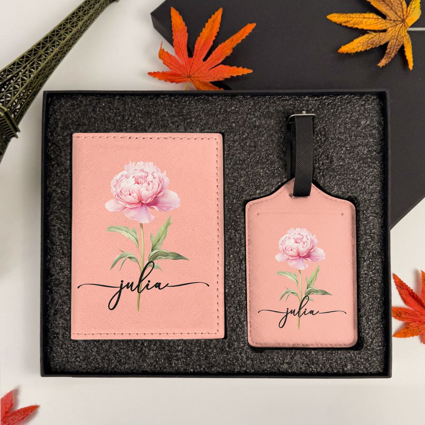 Custom Birth Flower & Name For Her, Wife, Daughter, Sister - Personalized Passport Cover And Luggage Tag Travel Set