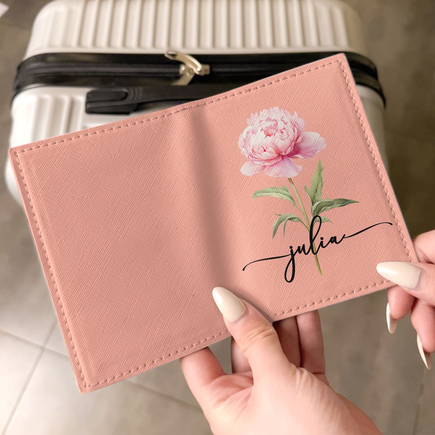 Custom Birth Flower & Name For Her, Wife, Daughter, Sister - Personalized Passport Cover And Luggage Tag Travel Set