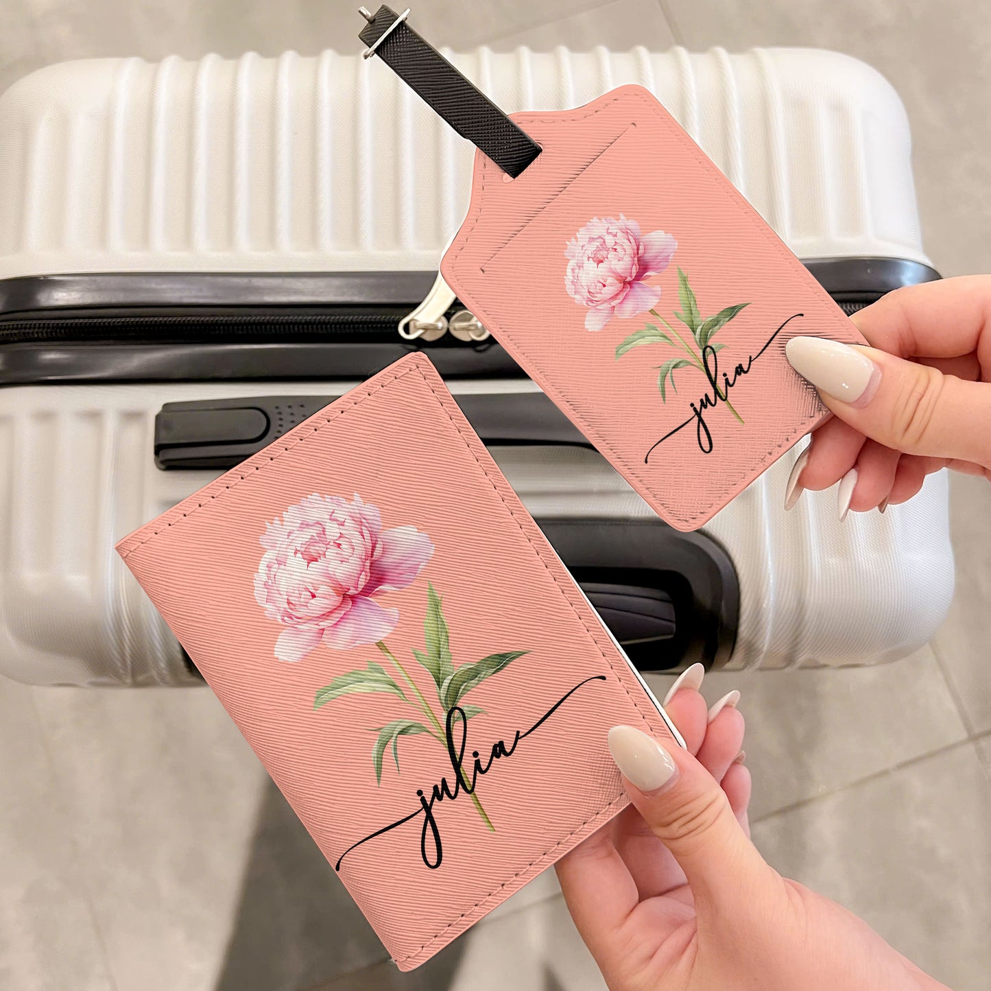 Custom Birth Flower & Name For Her, Wife, Daughter, Sister - Personalized Passport Cover And Luggage Tag Travel Set