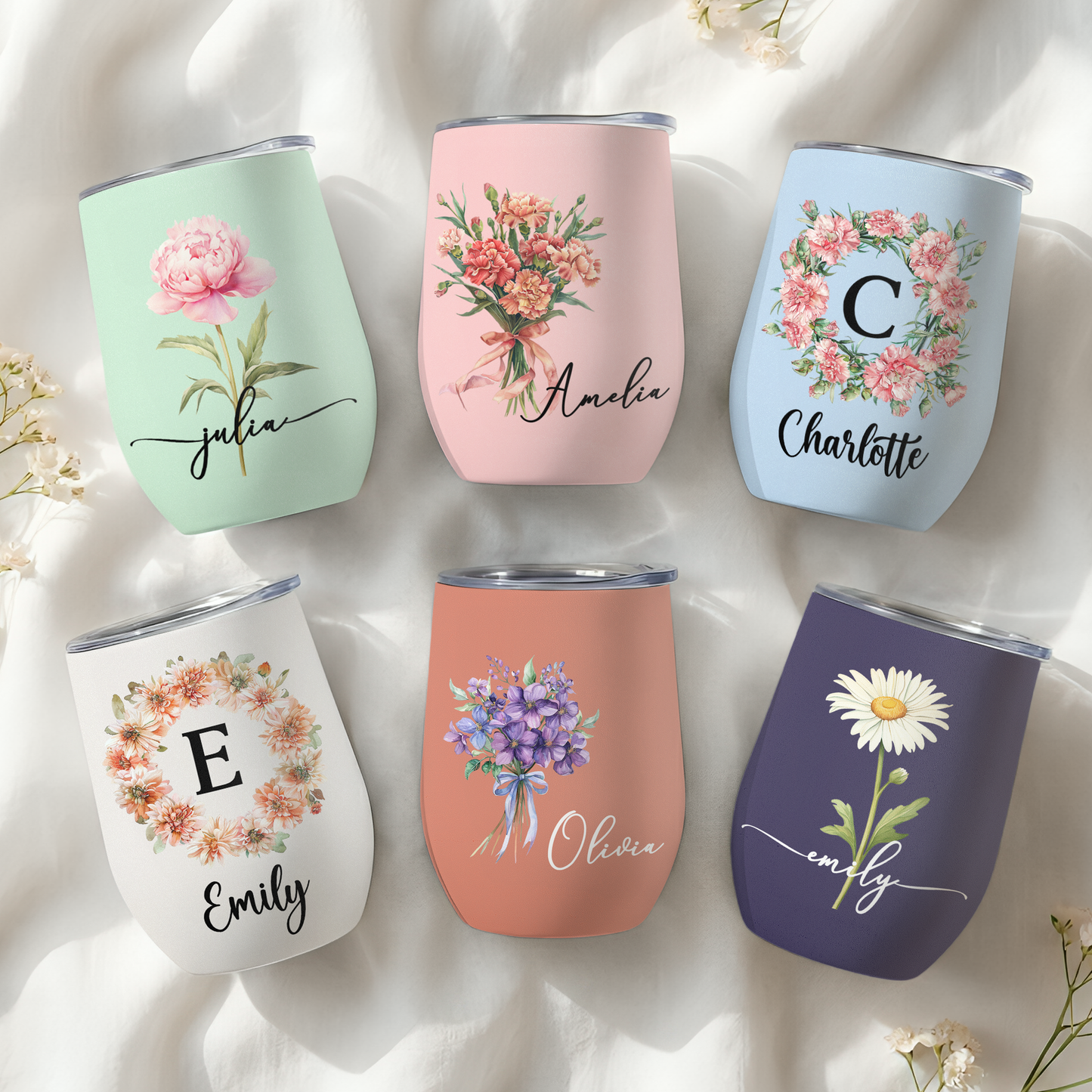 Custom Birth Flower & Name For Her, Wife, Daughter, Sister - Personalized Wine Tumbler