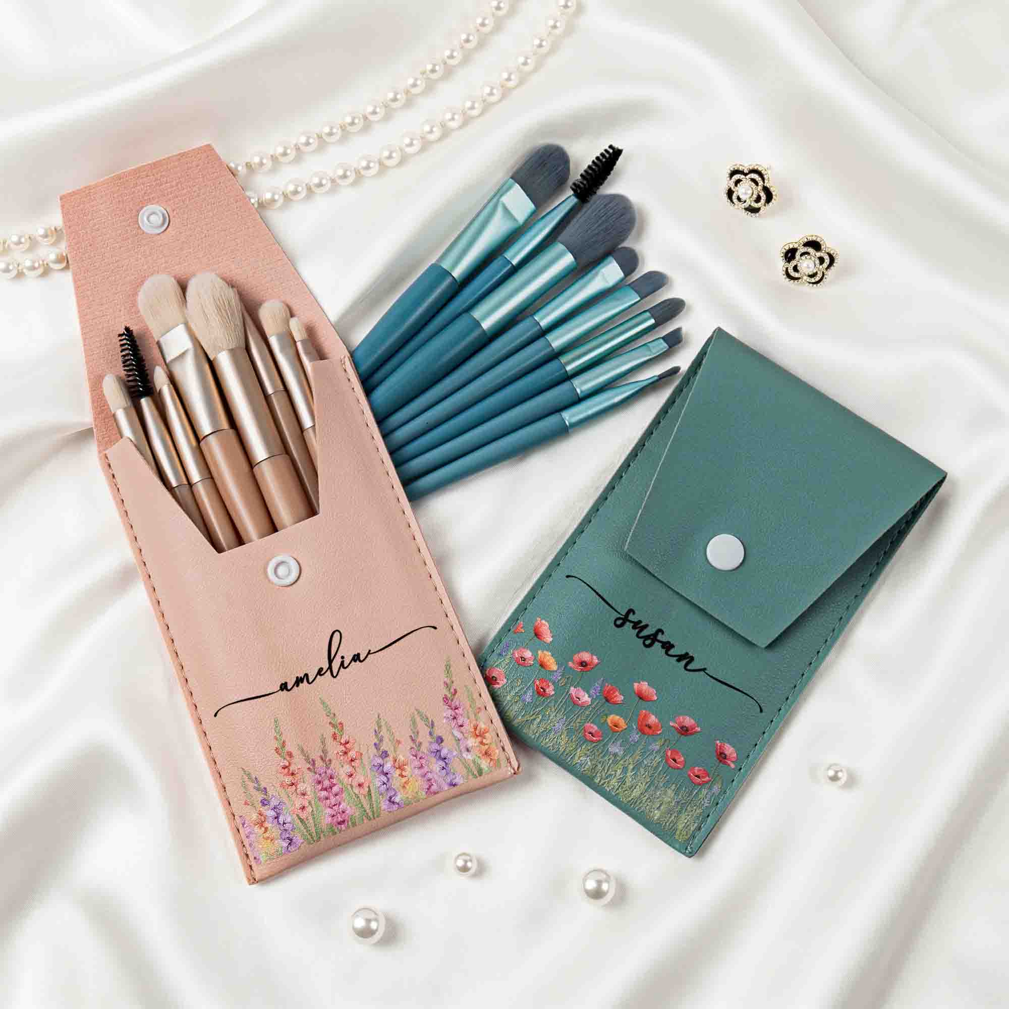 Custom Birth Flower & Name For Her, Wife, Daughter, Sister, Coworker, Bridesmaids - Personalized Makeup Brush Bag