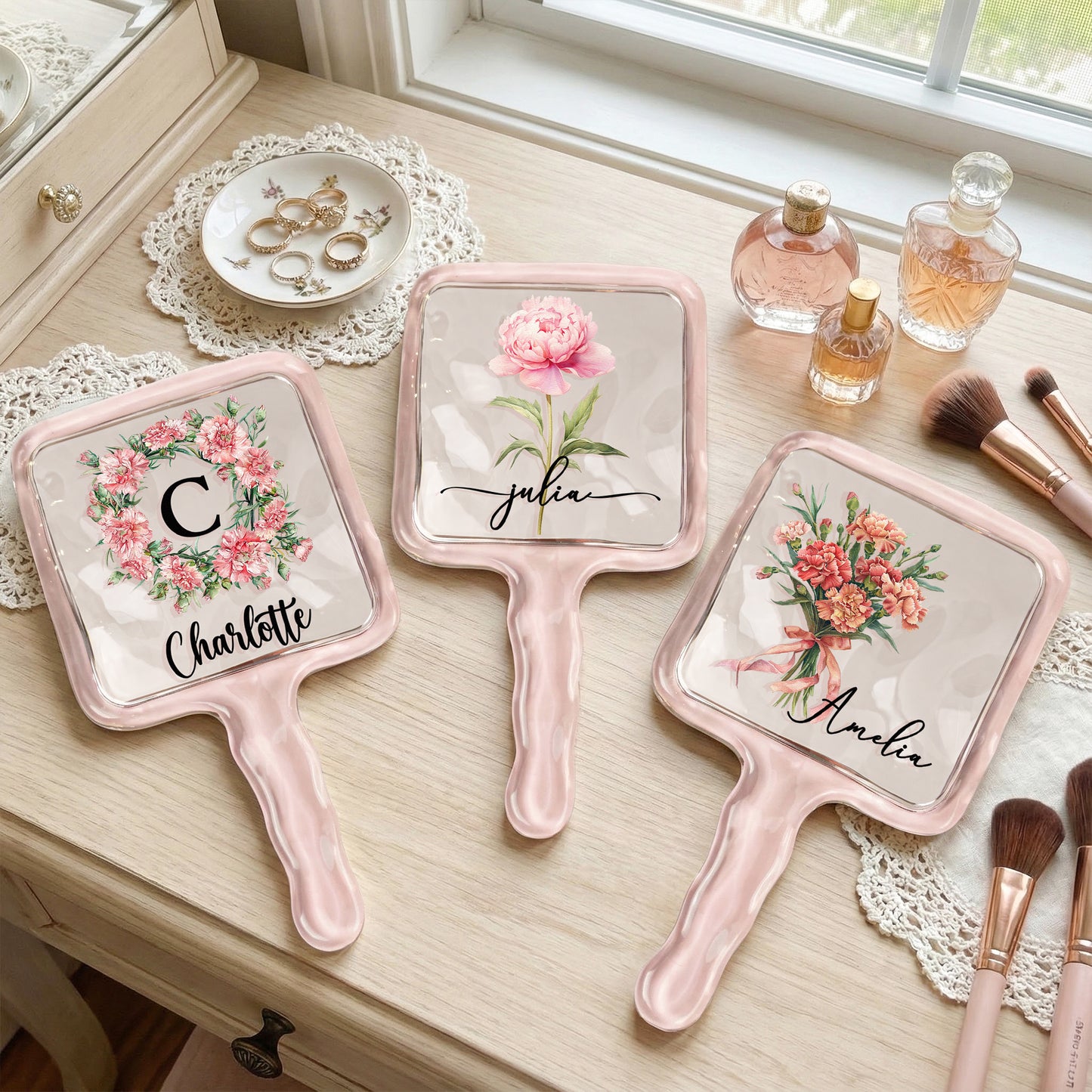 Custom Birth Flower & Name For Her, Wife, Daughter, Sister, Self Gift - Personalized Handheld Mirror