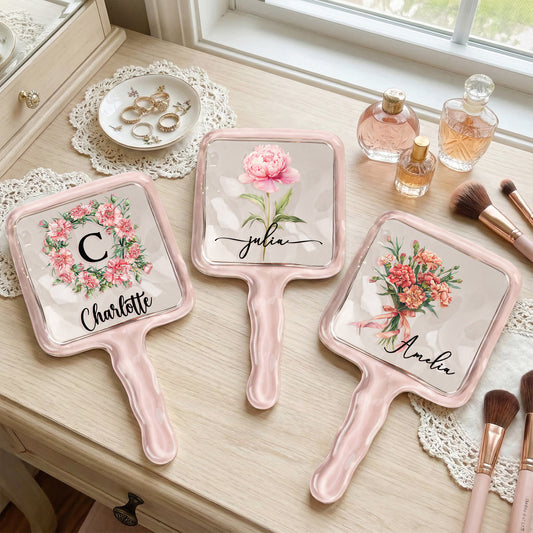 Custom Birth Flower & Name For Her, Wife, Daughter, Sister, Self Gift - Personalized Handheld Mirror