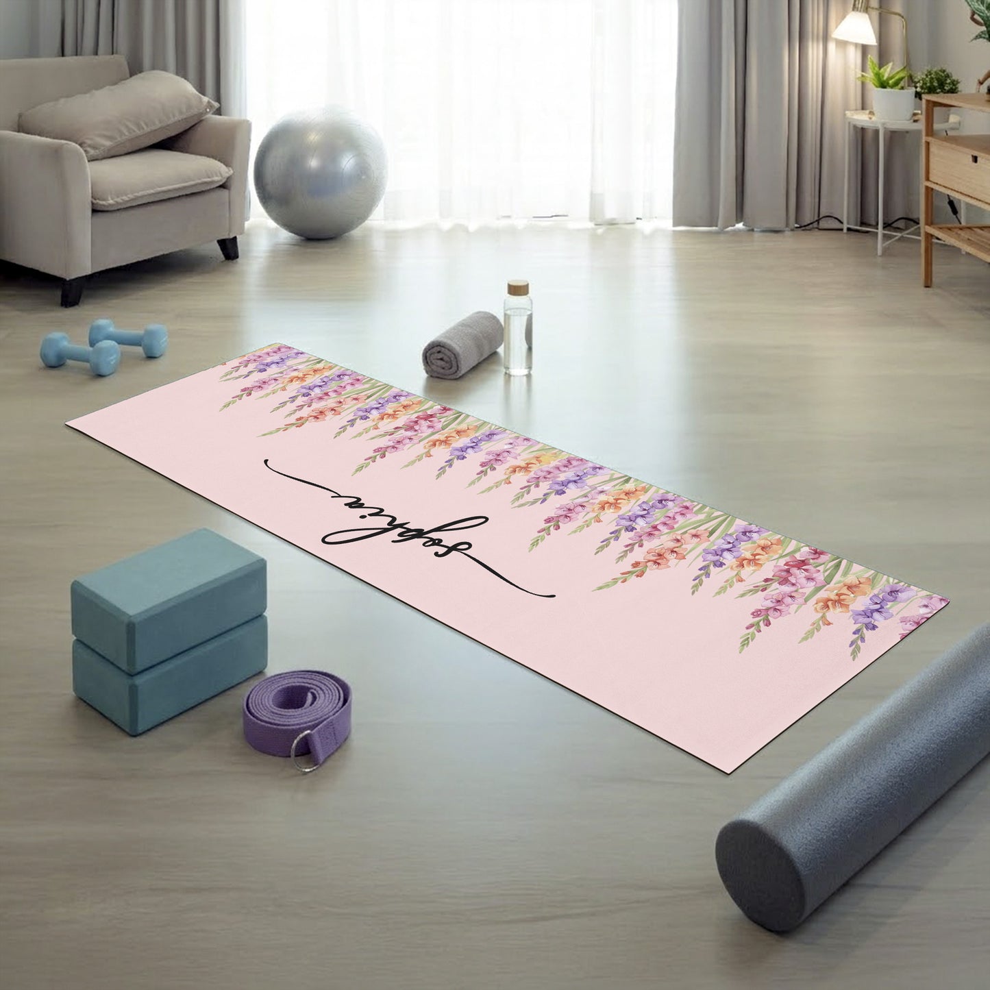 Custom Birth Flower & Name For Her, Wife, Daughter, Sister, Yoga Lovers - Personalized Yoga Mat