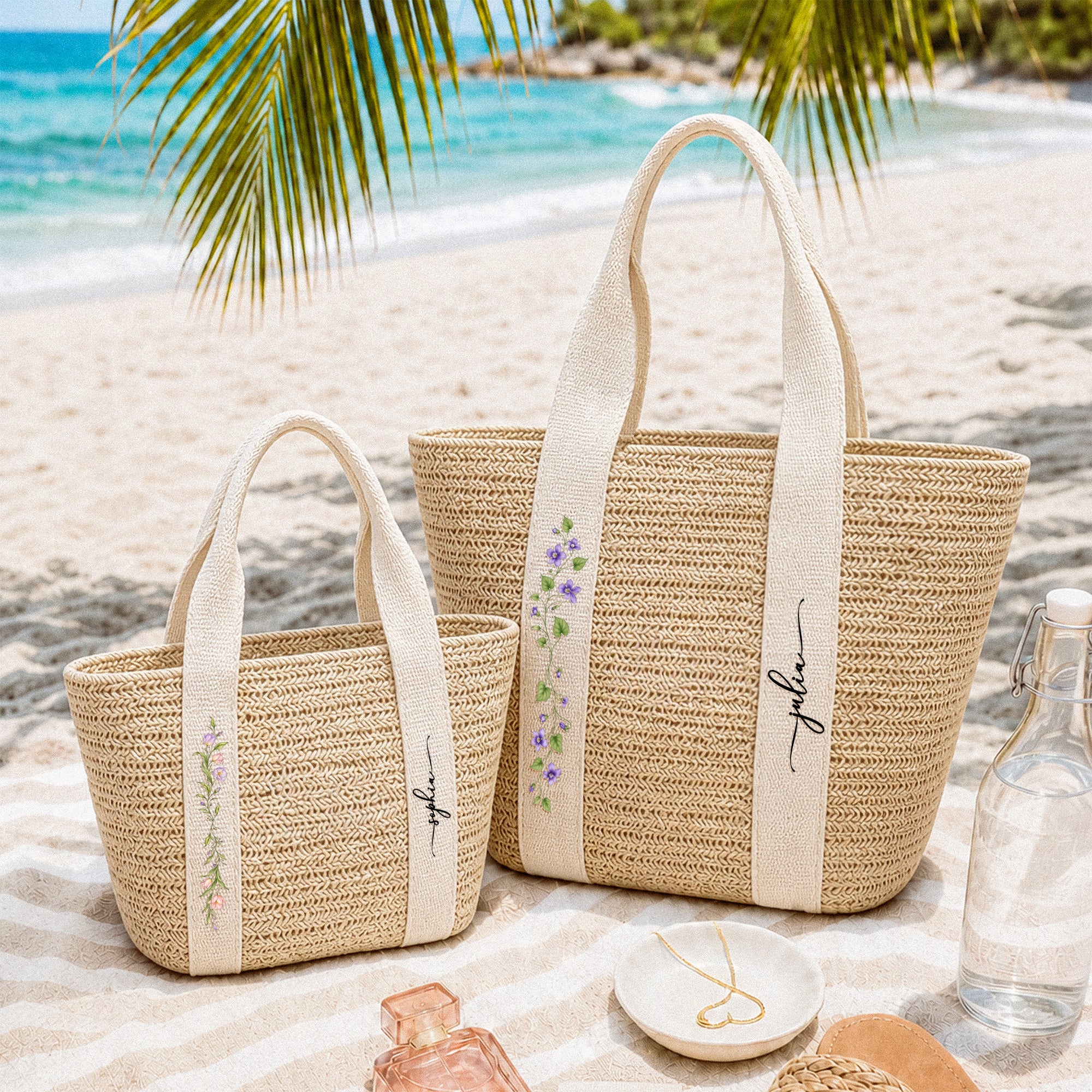 Custom Birth Flower & Name - Gifts For Her, Daughter, Friends, Wife, Summer Bestie Trip - Personalized Straw Bag