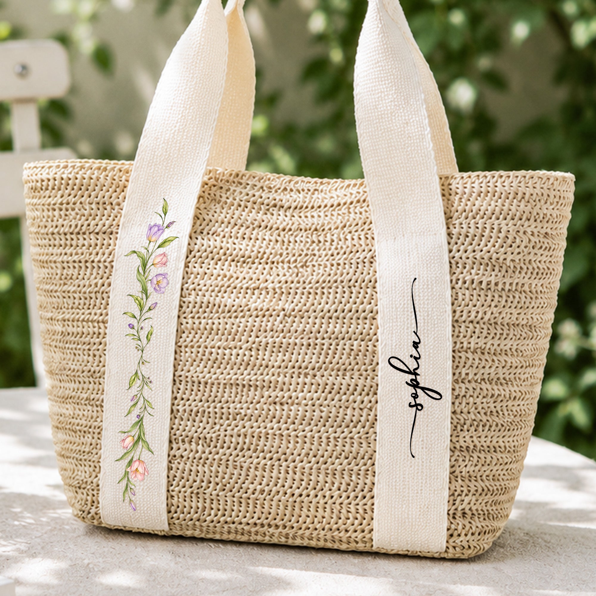 Custom Birth Flower & Name - Gifts For Her, Daughter, Friends, Wife, Summer Bestie Trip - Personalized Straw Bag
