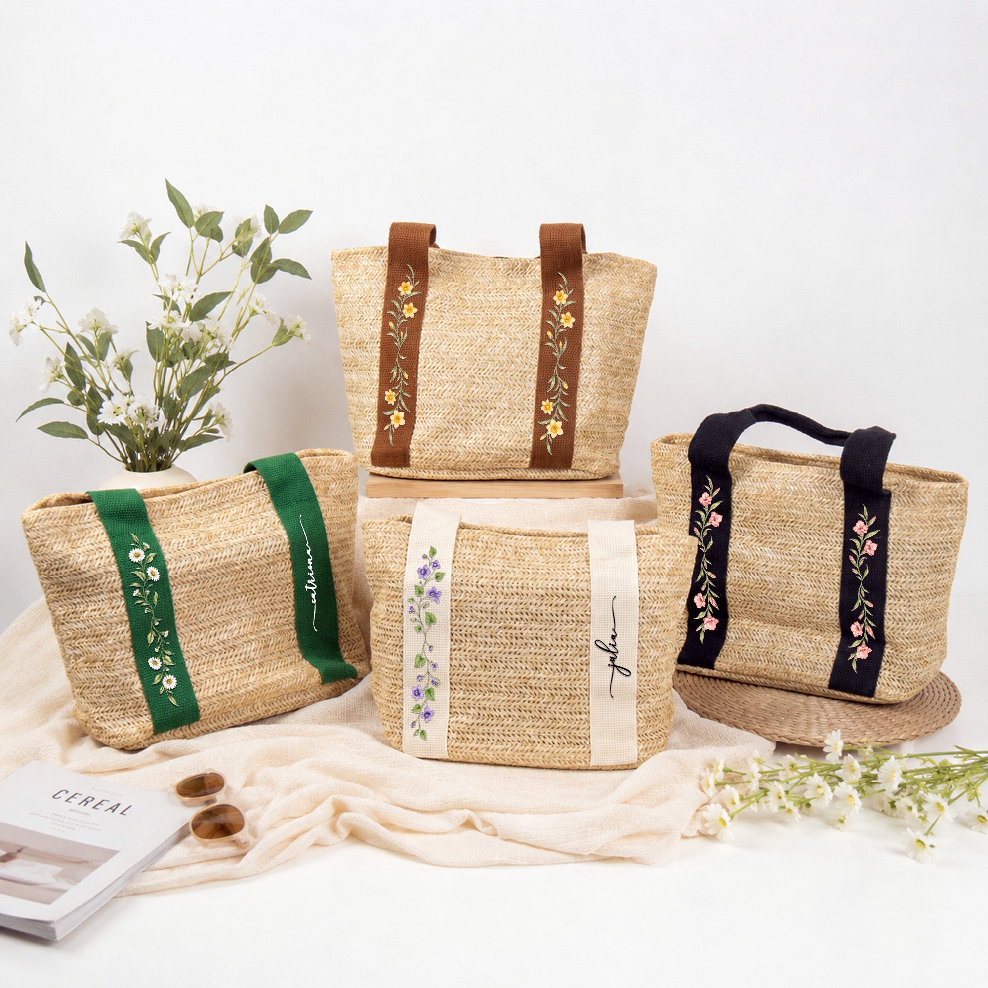 Custom Birth Flower & Name - Gifts For Her, Daughter, Friends, Wife, Summer Bestie Trip - Personalized Straw Bag
