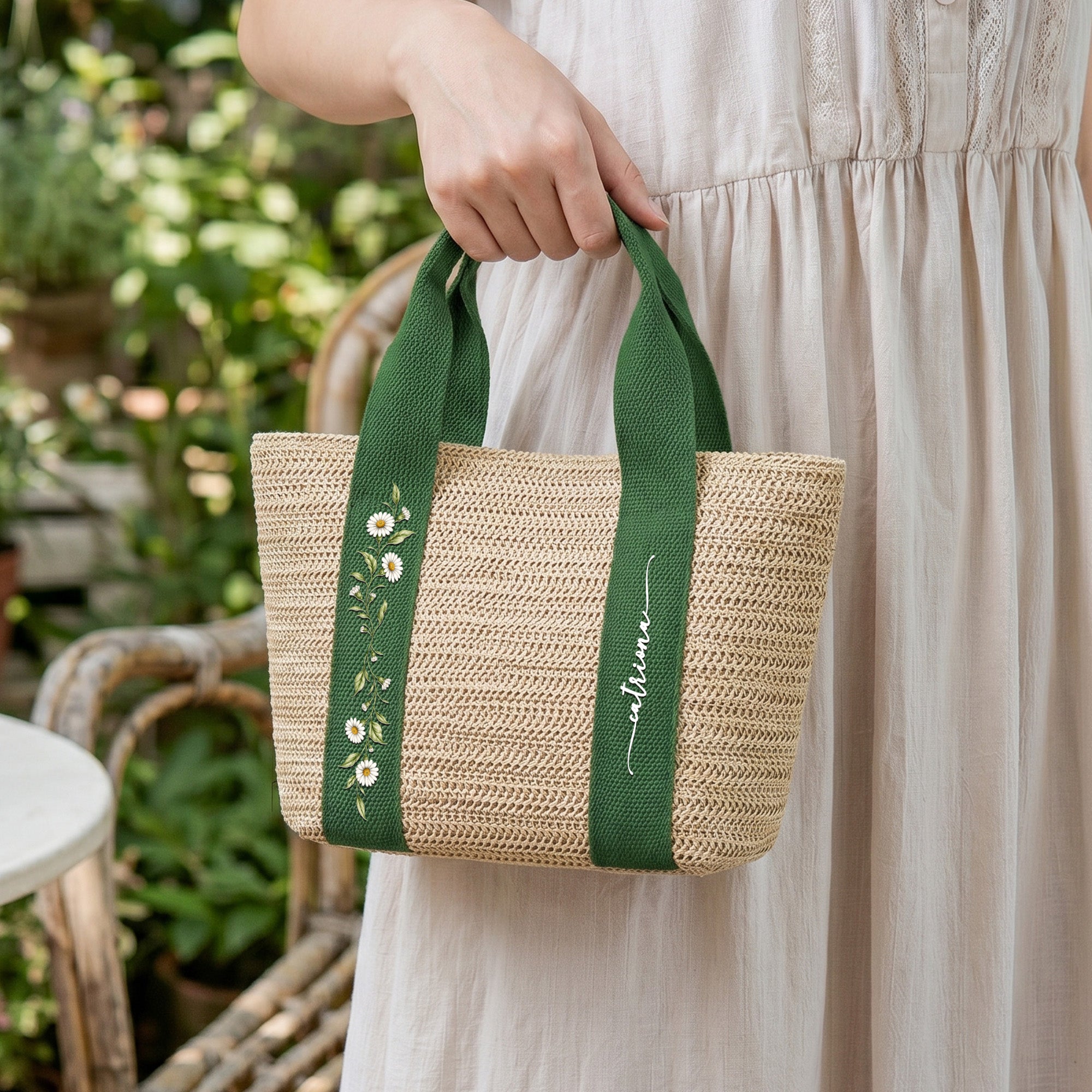 Custom Birth Flower & Name - Gifts For Her, Daughter, Friends, Wife, Summer Bestie Trip - Personalized Straw Bag