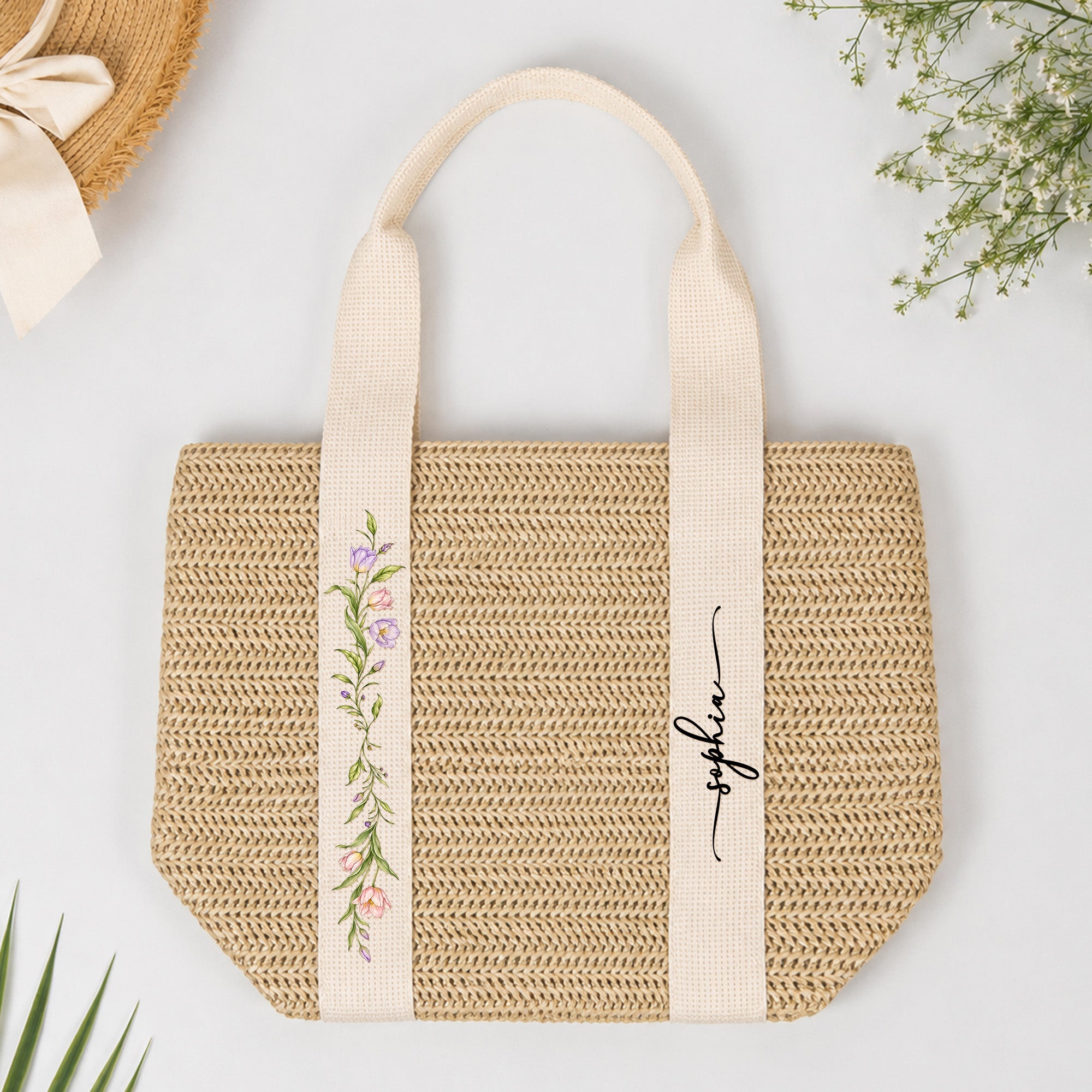 Custom Birth Flower & Name - Gifts For Her, Daughter, Friends, Wife, Summer Bestie Trip - Personalized Straw Bag