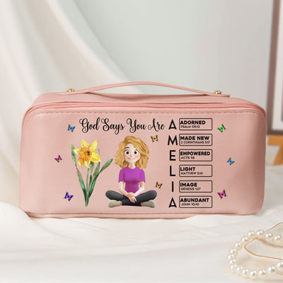 Custom Birth Flower & Name In Bible Verse - Personalized Leather Makeup Bag