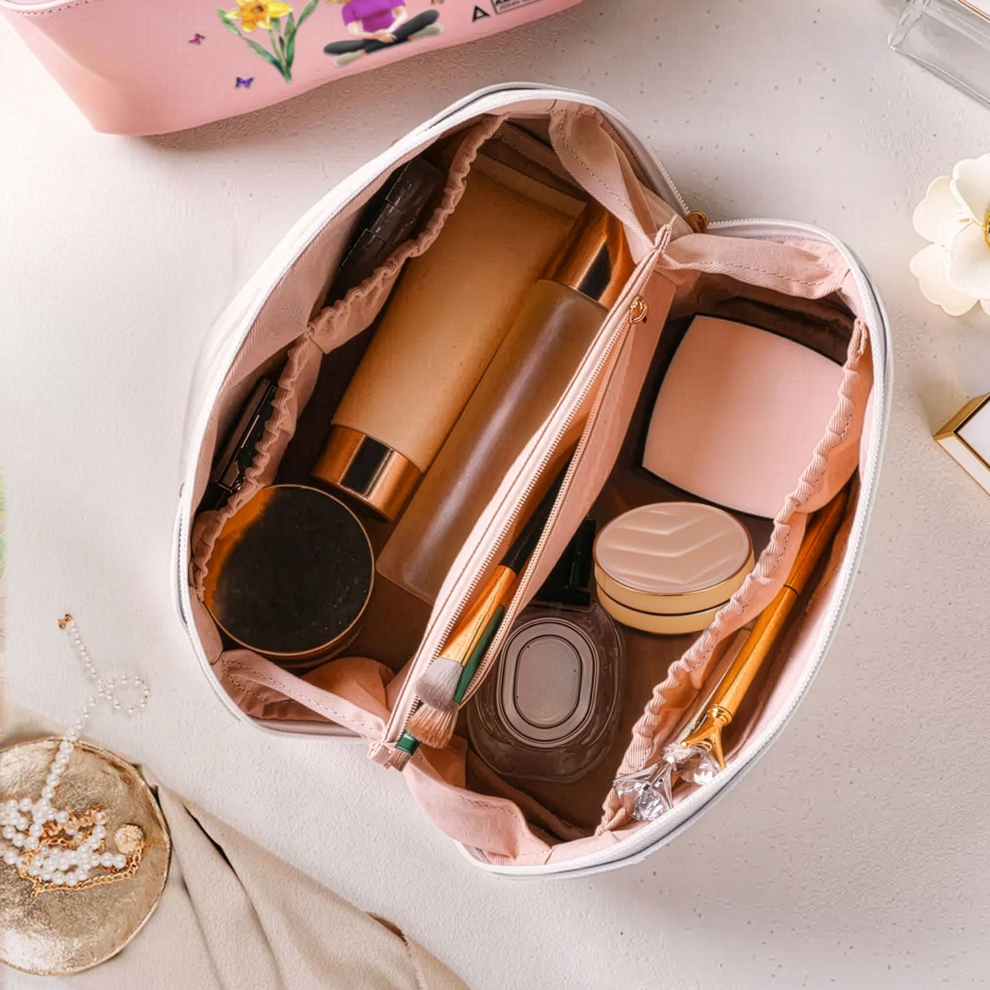 Custom Birth Flower & Name In Bible Verse - Personalized Leather Makeup Bag