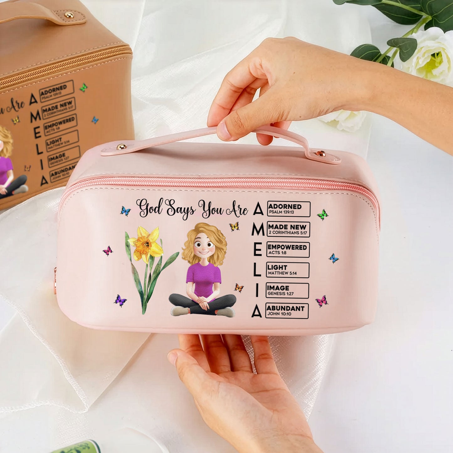 Custom Birth Flower & Name In Bible Verse - Personalized Leather Makeup Bag