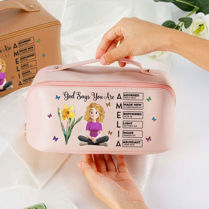 Custom Birth Flower & Name In Bible Verse - Personalized Leather Makeup Bag