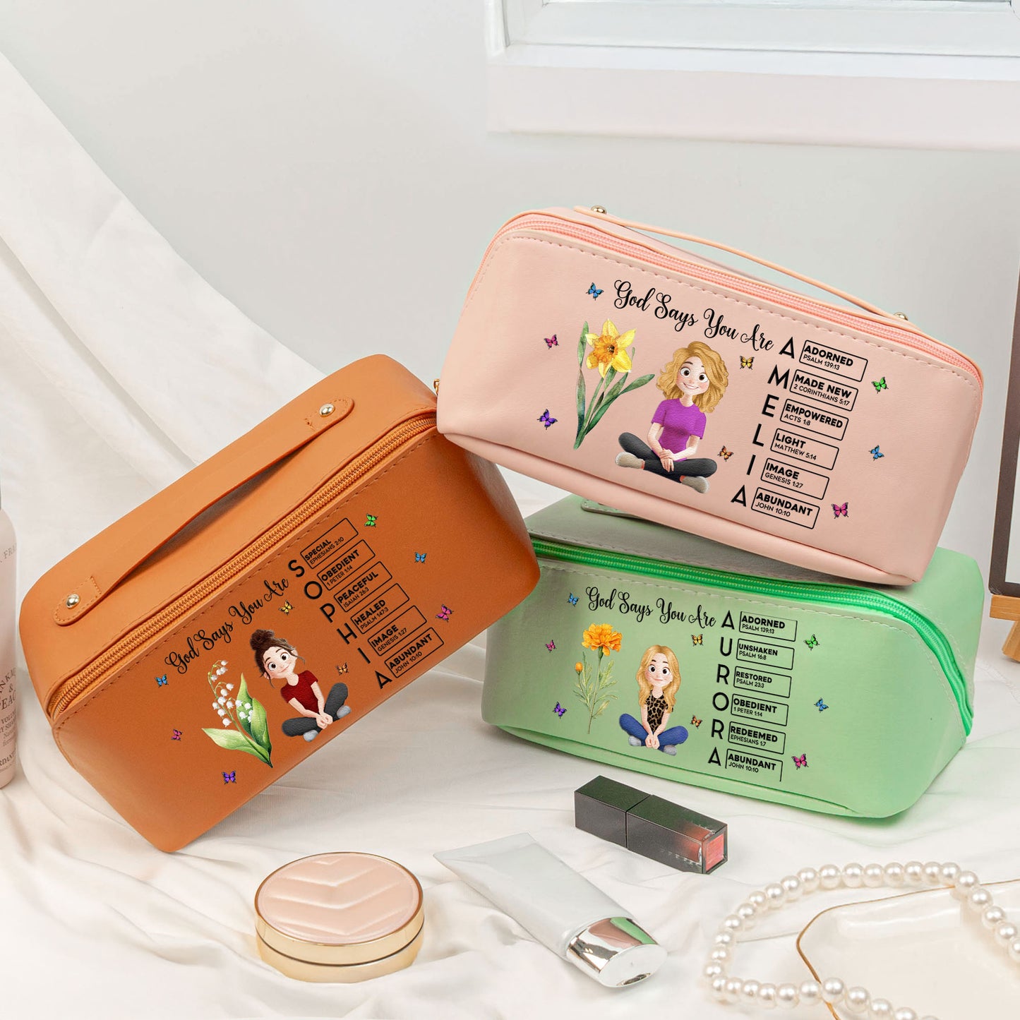 Custom Birth Flower & Name In Bible Verse - Personalized Leather Makeup Bag