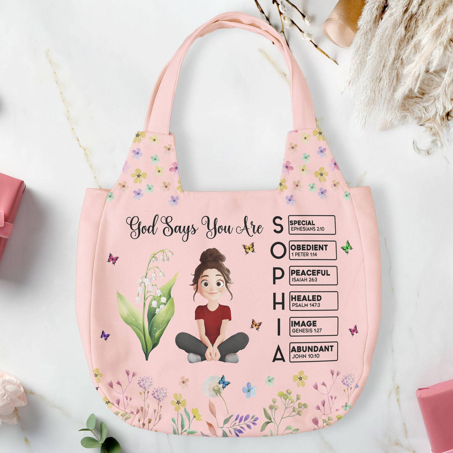 Custom Birth Flower & Name In Bible Verses Gifts For Her - Personalized Round Tote Bag