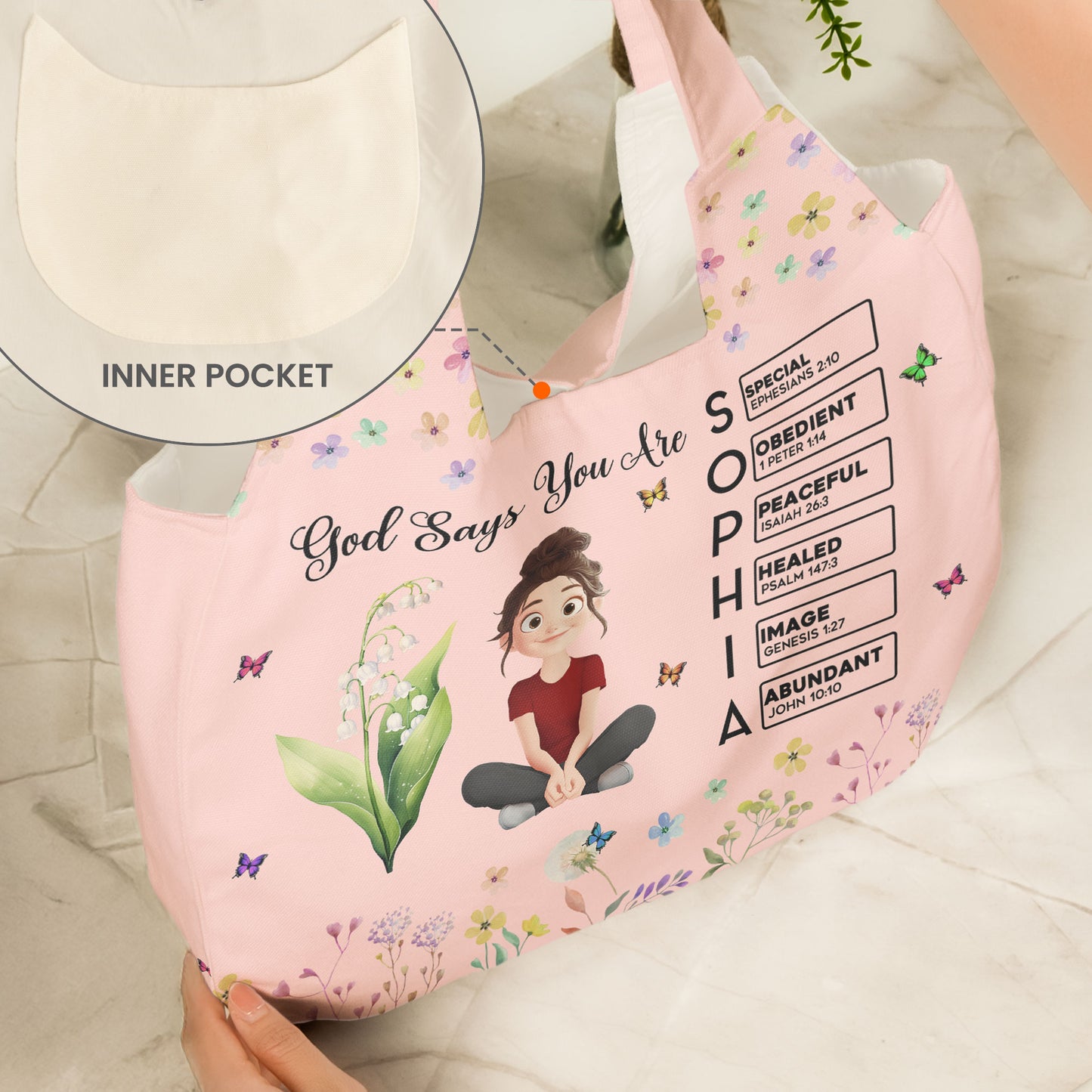 Custom Birth Flower & Name In Bible Verses Gifts For Her - Personalized Round Tote Bag