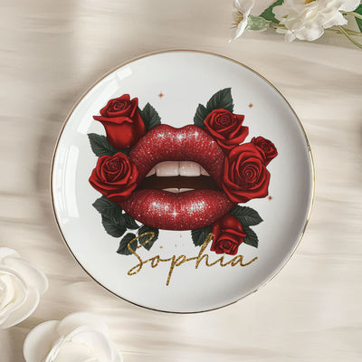 Custom Birth Flower & Name Lips, Gifts For Her - Personalized Jewelry Dish