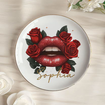 Custom Birth Flower & Name Lips, Gifts For Her - Personalized Jewelry Dish