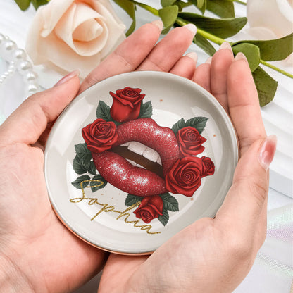 Custom Birth Flower & Name Lips, Gifts For Her - Personalized Jewelry Dish
