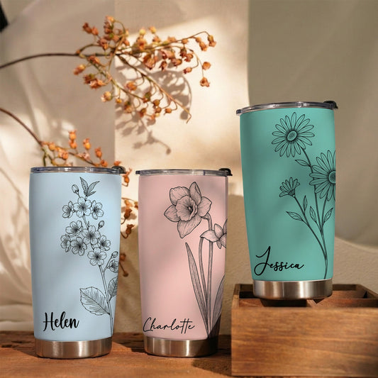 Custom Birth Flower & Name New Version For Friends, Coworkers, Daughters, Sisters - Personalized Tumbler Cup