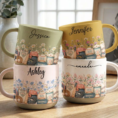 Custom Birth Flower & Name Pottery Mug - Gifts For Baseball Fans Baseball Lovers - Personalized Mug