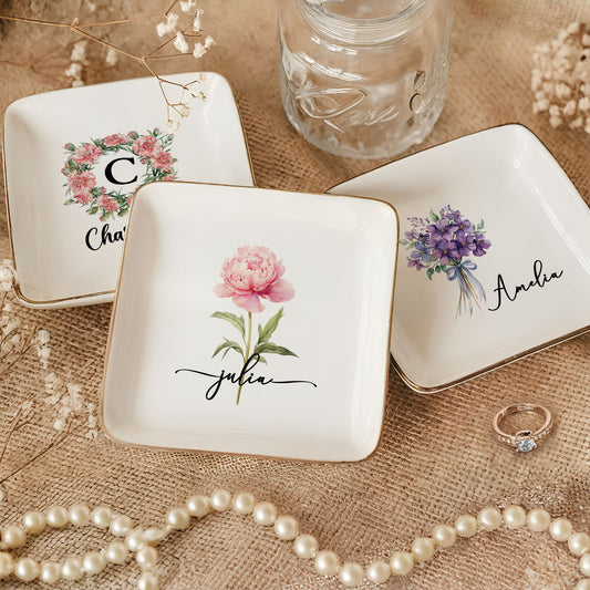 Custom Birth Flower & Name Self Gift For Her, Wife, Daughter, Sister - Personalized Jewelry Dish