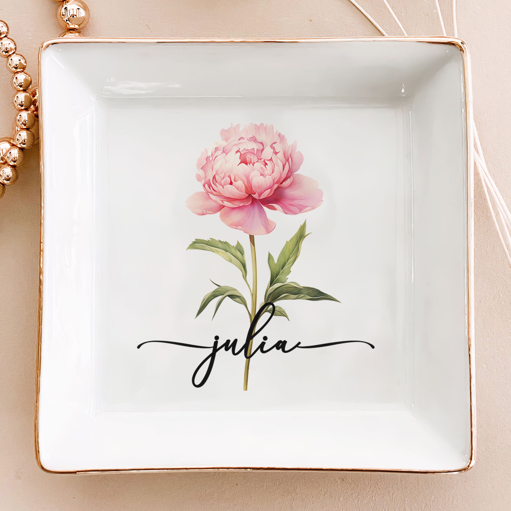 Custom Birth Flower & Name Self Gift For Her, Wife, Daughter, Sister - Personalized Jewelry Dish