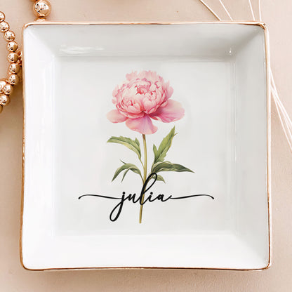 Custom Birth Flower & Name Self Gift For Her, Wife, Daughter, Sister - Personalized Jewelry Dish