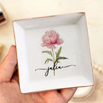Custom Birth Flower & Name Self Gift For Her, Wife, Daughter, Sister - Personalized Jewelry Dish