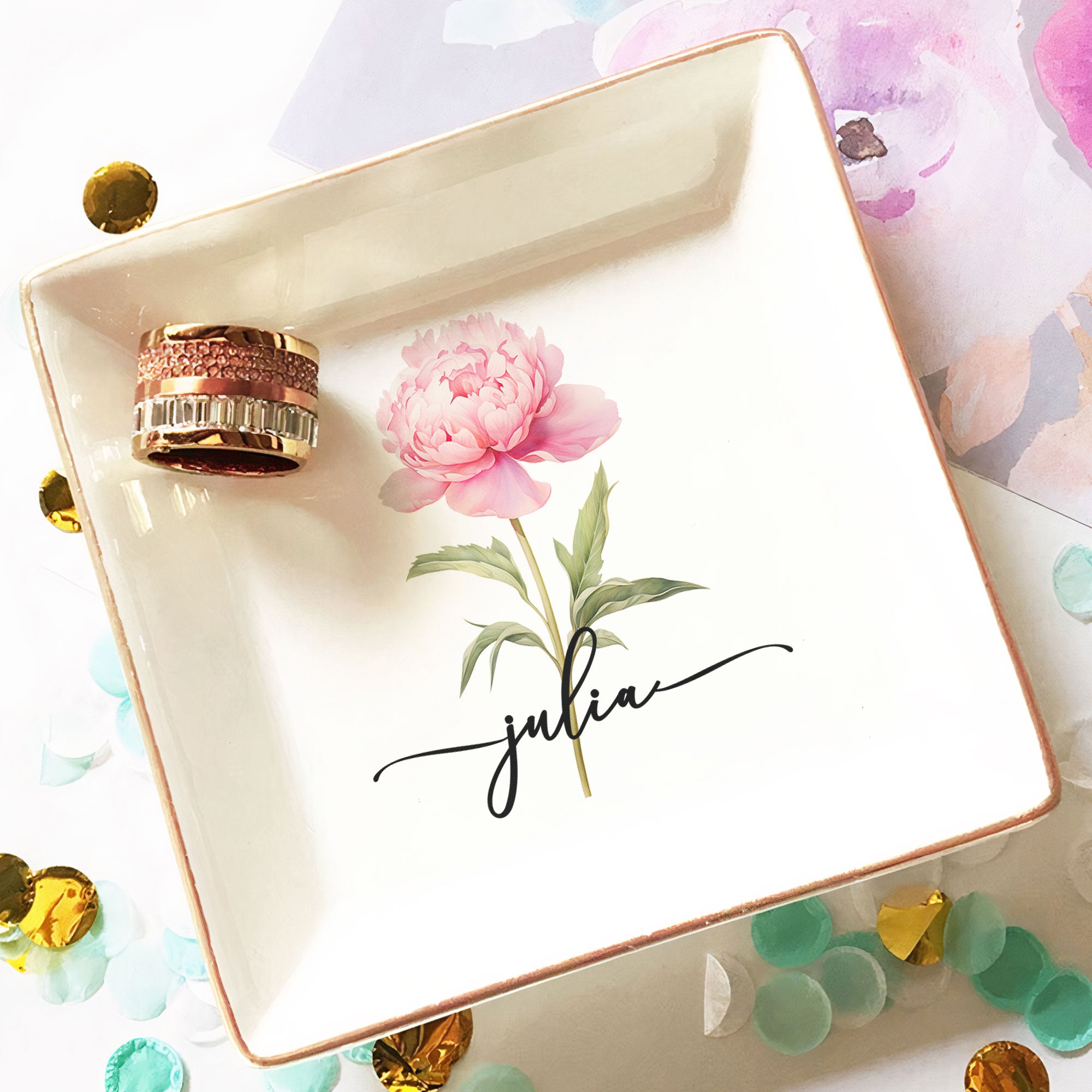 Custom Birth Flower & Name Self Gift For Her, Wife, Daughter, Sister - Personalized Jewelry Dish