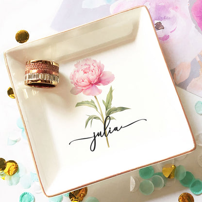 Custom Birth Flower & Name Self Gift For Her, Wife, Daughter, Sister - Personalized Jewelry Dish