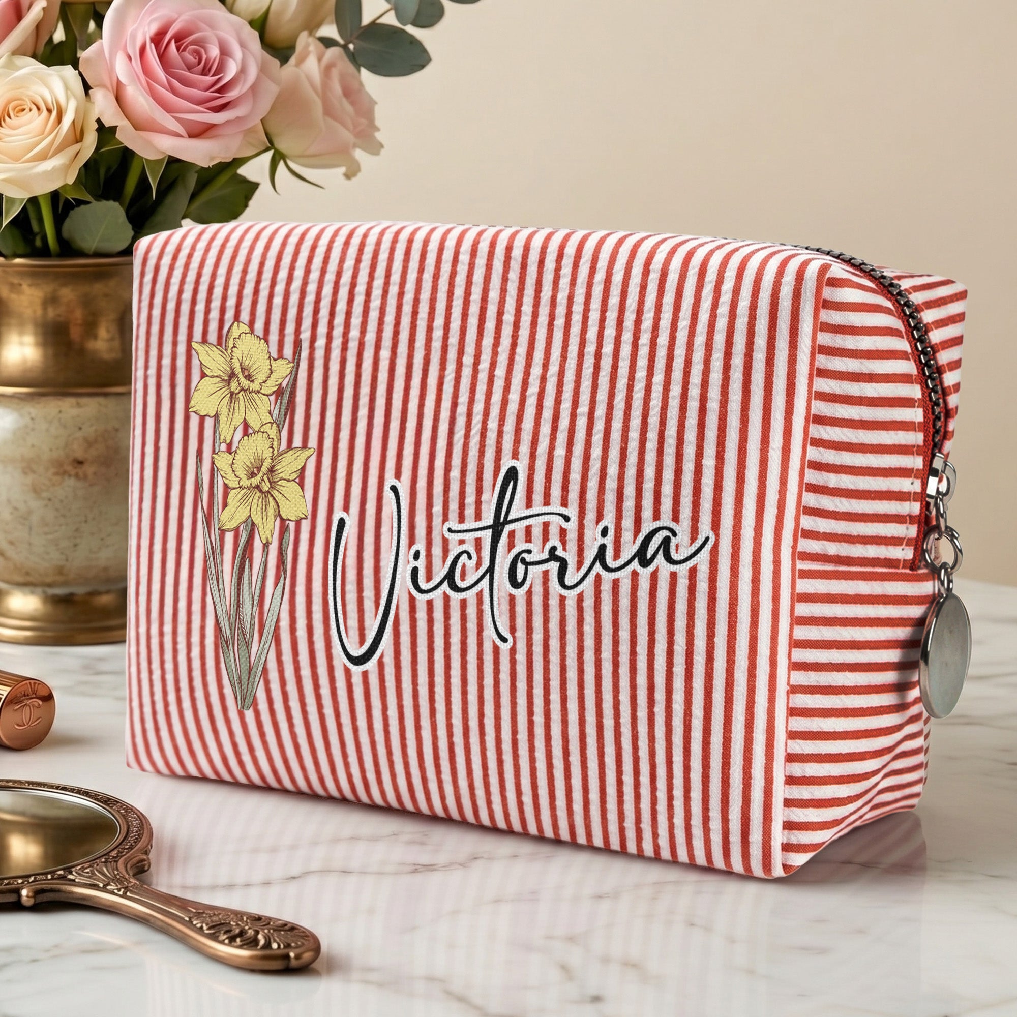 Custom Birth Flower & Name Striped Pattern - Personalized Makeup Bag