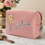 Custom Birth Flower & Name Striped Pattern - Personalized Makeup Bag