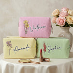 Custom Birth Flower & Name Striped Pattern - Personalized Makeup Bag