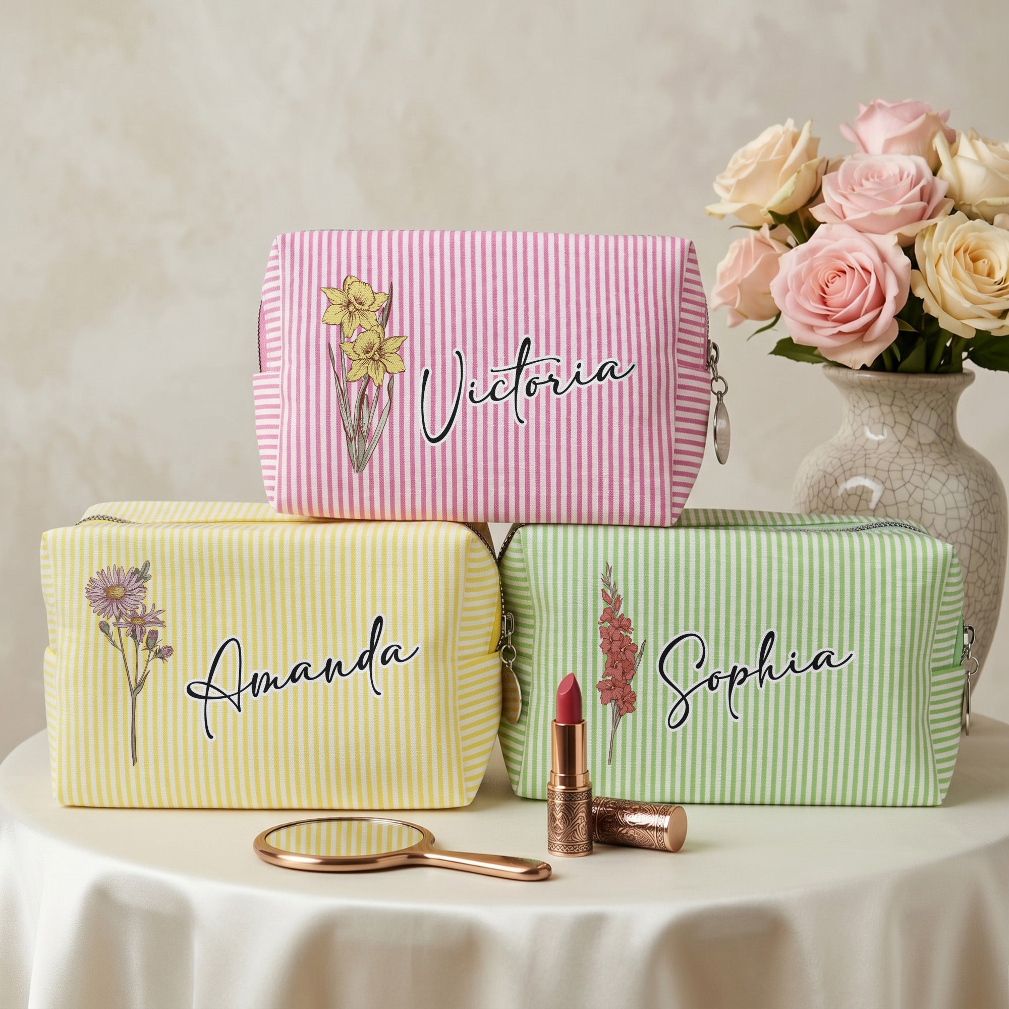 Custom Birth Flower & Name Striped Pattern - Personalized Makeup Bag