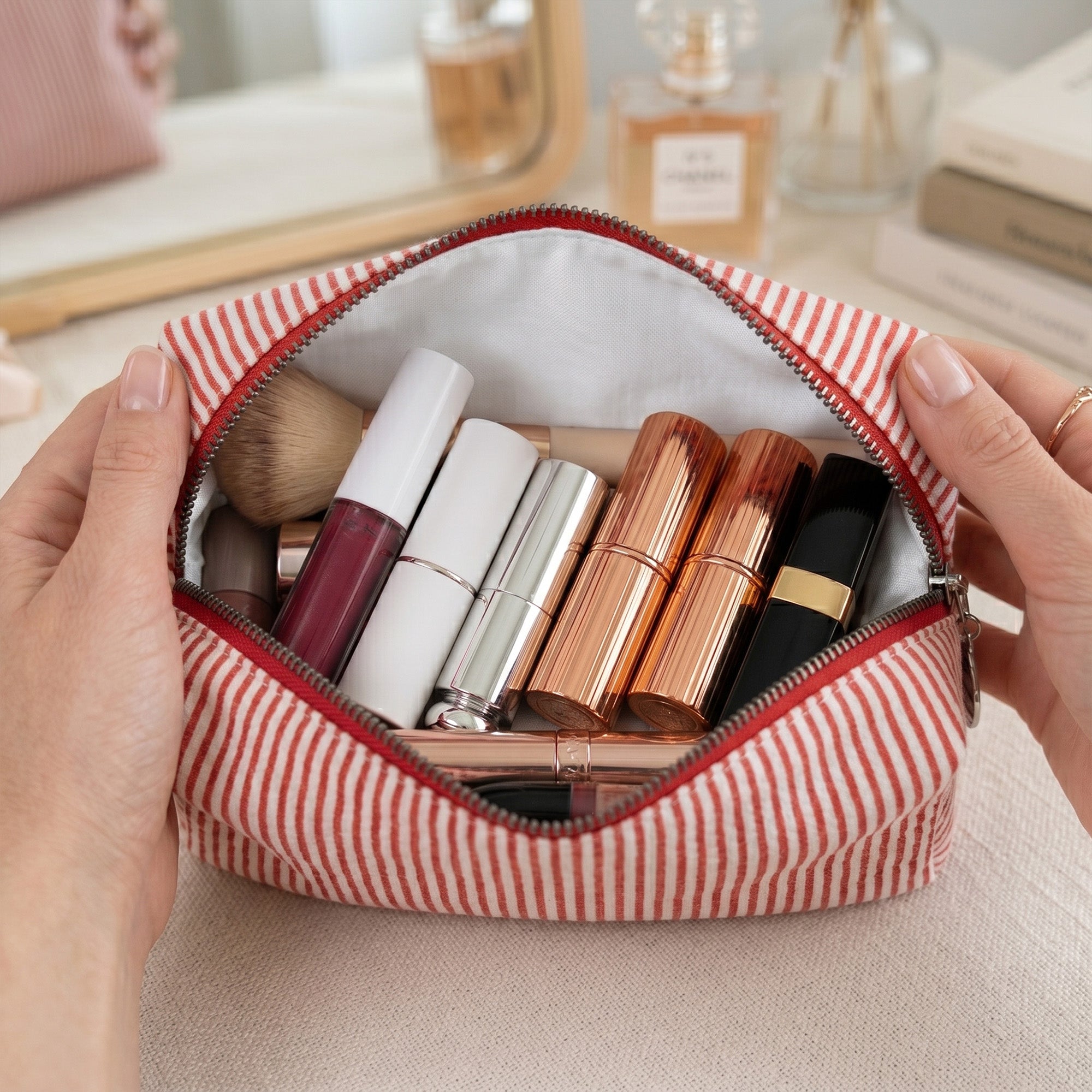 Custom Birth Flower & Name Striped Pattern - Personalized Makeup Bag