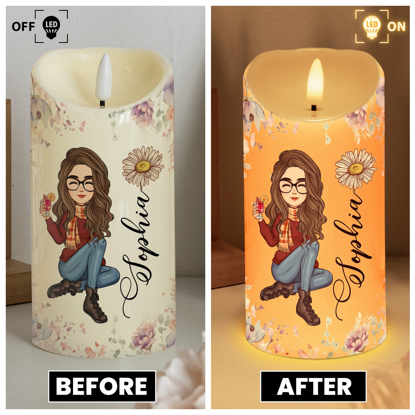 Custom Birth Flower & Names - Gifts For Daughter, Son, Grandkid - Personalized LED Candle